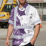 Hi Vis Hawaiian Shirt Reflective Tapes Violet Neon Flowers Ray Custom Name Safety Workwear For Workers, Truckers, Operators, Company