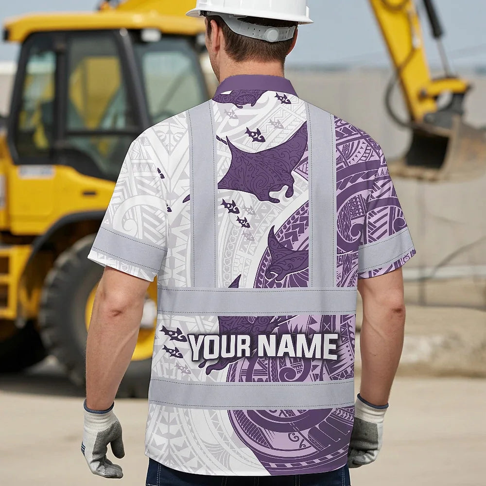 Hi Vis Hawaiian Shirt Reflective Tapes Violet Neon Flowers Ray Custom Name Safety Workwear For Workers, Truckers, Operators, Company