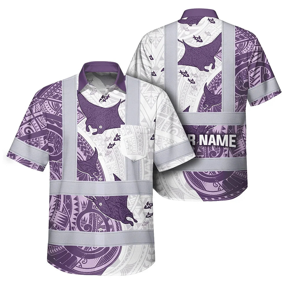Hi Vis Hawaiian Shirt Reflective Tapes Violet Neon Flowers Ray Custom Name Safety Workwear For Workers, Truckers, Operators, Company