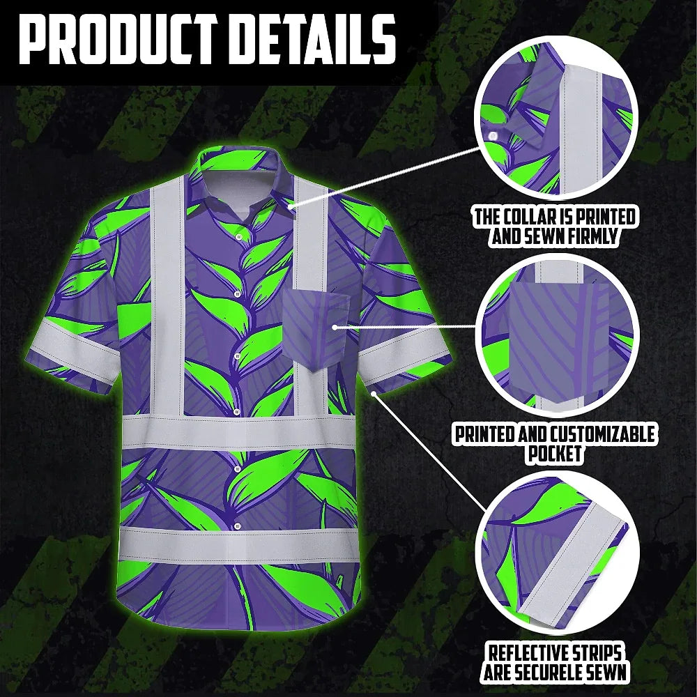 Hi Vis Hawaiian Shirt Reflective Tapes Violet Neon Green Heliconia Custom Name Safety Workwear For Workers, Truckers, Operators