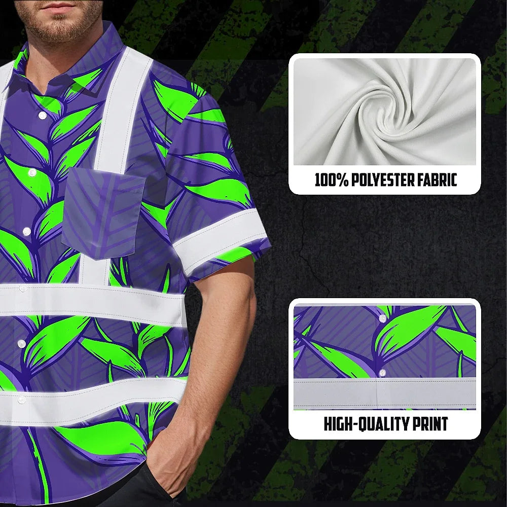 Hi Vis Hawaiian Shirt Reflective Tapes Violet Neon Green Heliconia Custom Name Safety Workwear For Workers, Truckers, Operators