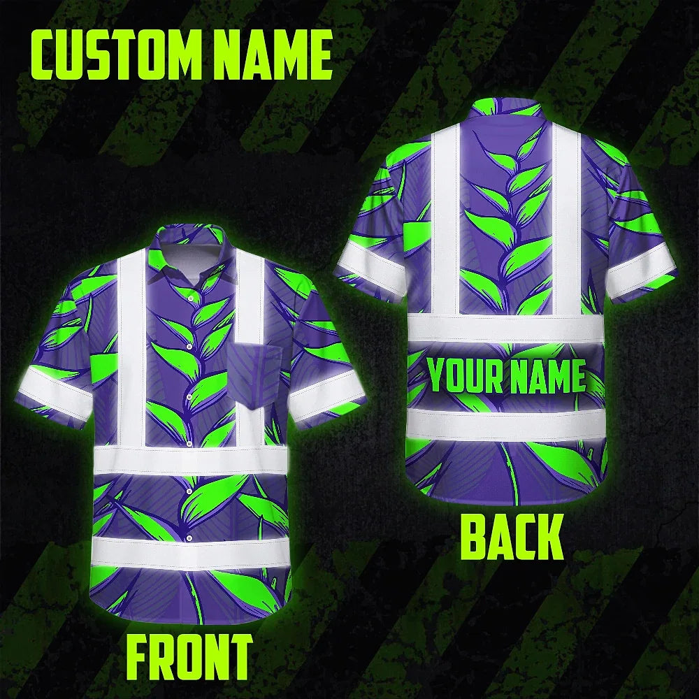 Hi Vis Hawaiian Shirt Reflective Tapes Violet Neon Green Heliconia Custom Name Safety Workwear For Workers, Truckers, Operators