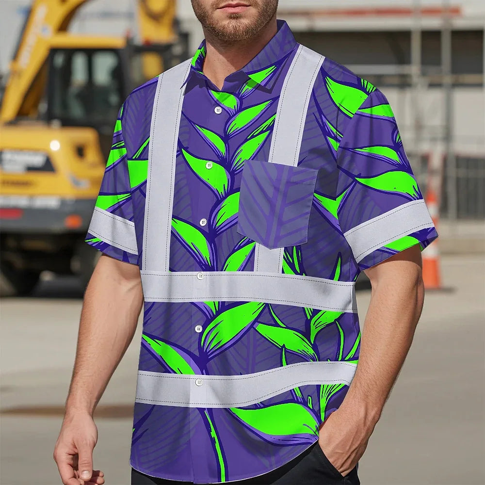 Hi Vis Hawaiian Shirt Reflective Tapes Violet Neon Green Heliconia Custom Name Safety Workwear For Workers, Truckers, Operators