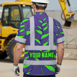 Hi Vis Hawaiian Shirt Reflective Tapes Violet Neon Green Heliconia Custom Name Safety Workwear For Workers, Truckers, Operators