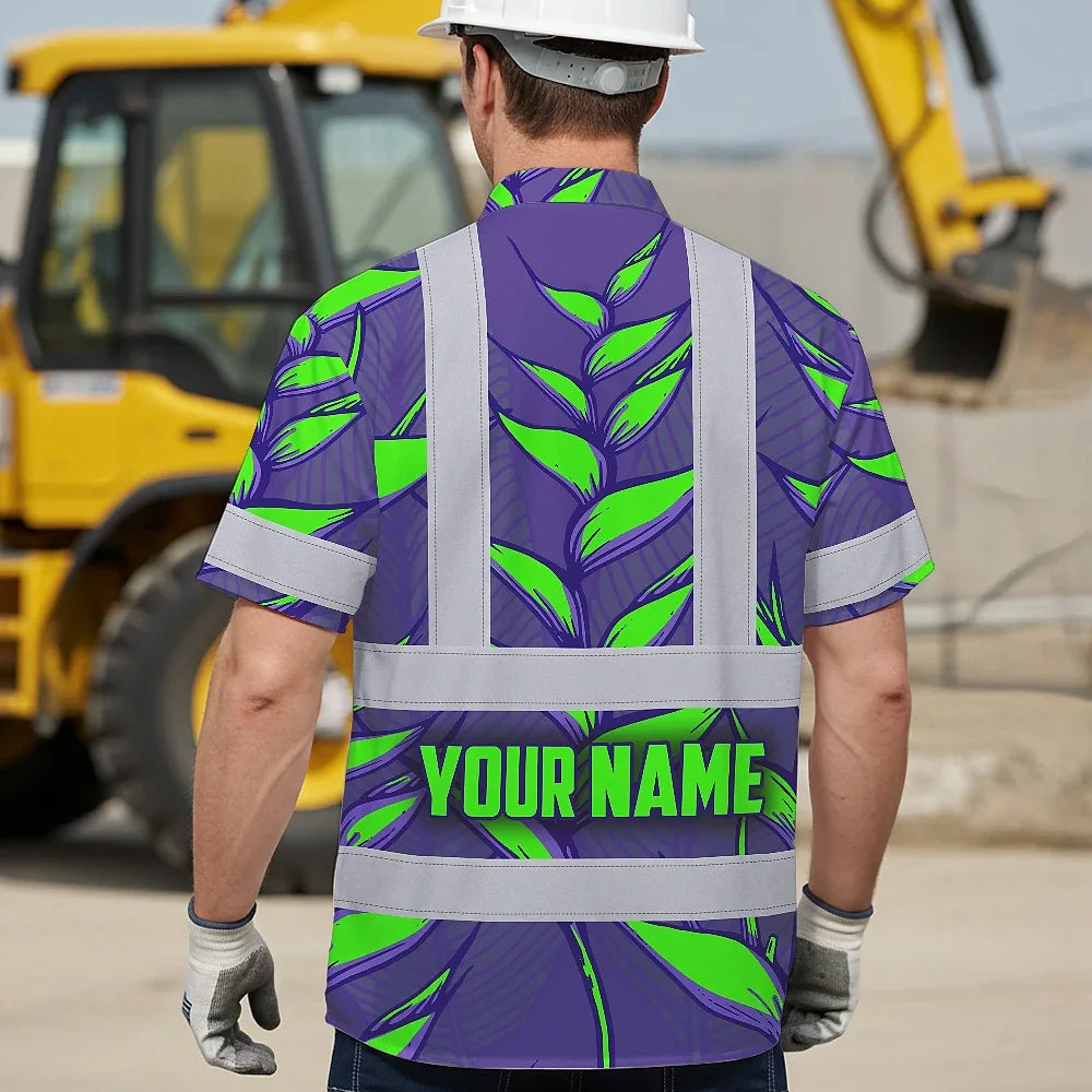 Hi Vis Hawaiian Shirt Reflective Tapes Violet Neon Green Heliconia Custom Name Safety Workwear For Workers, Truckers, Operators