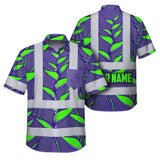 Hi Vis Hawaiian Shirt Reflective Tapes Violet Neon Green Heliconia Custom Name Safety Workwear For Workers, Truckers, Operators