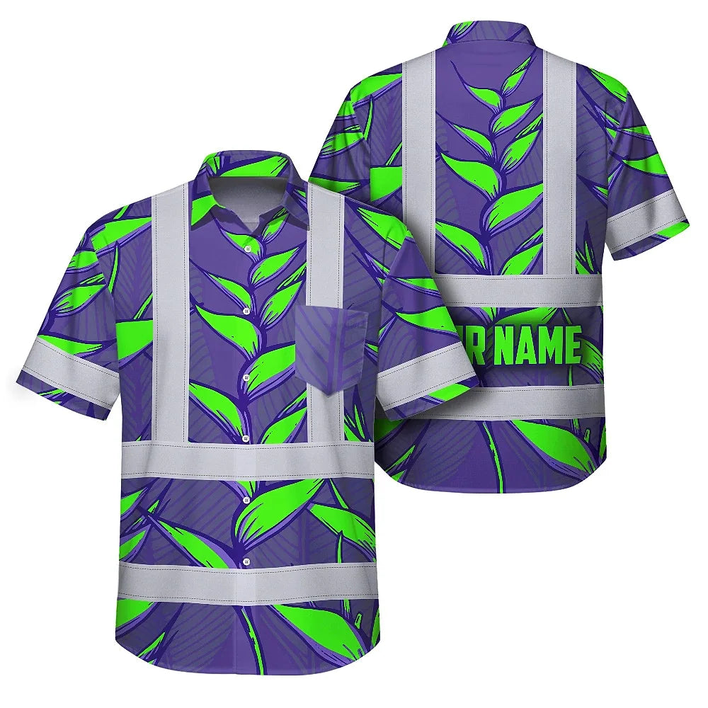 Hi Vis Hawaiian Shirt Reflective Tapes Violet Neon Green Heliconia Custom Name Safety Workwear For Workers, Truckers, Operators