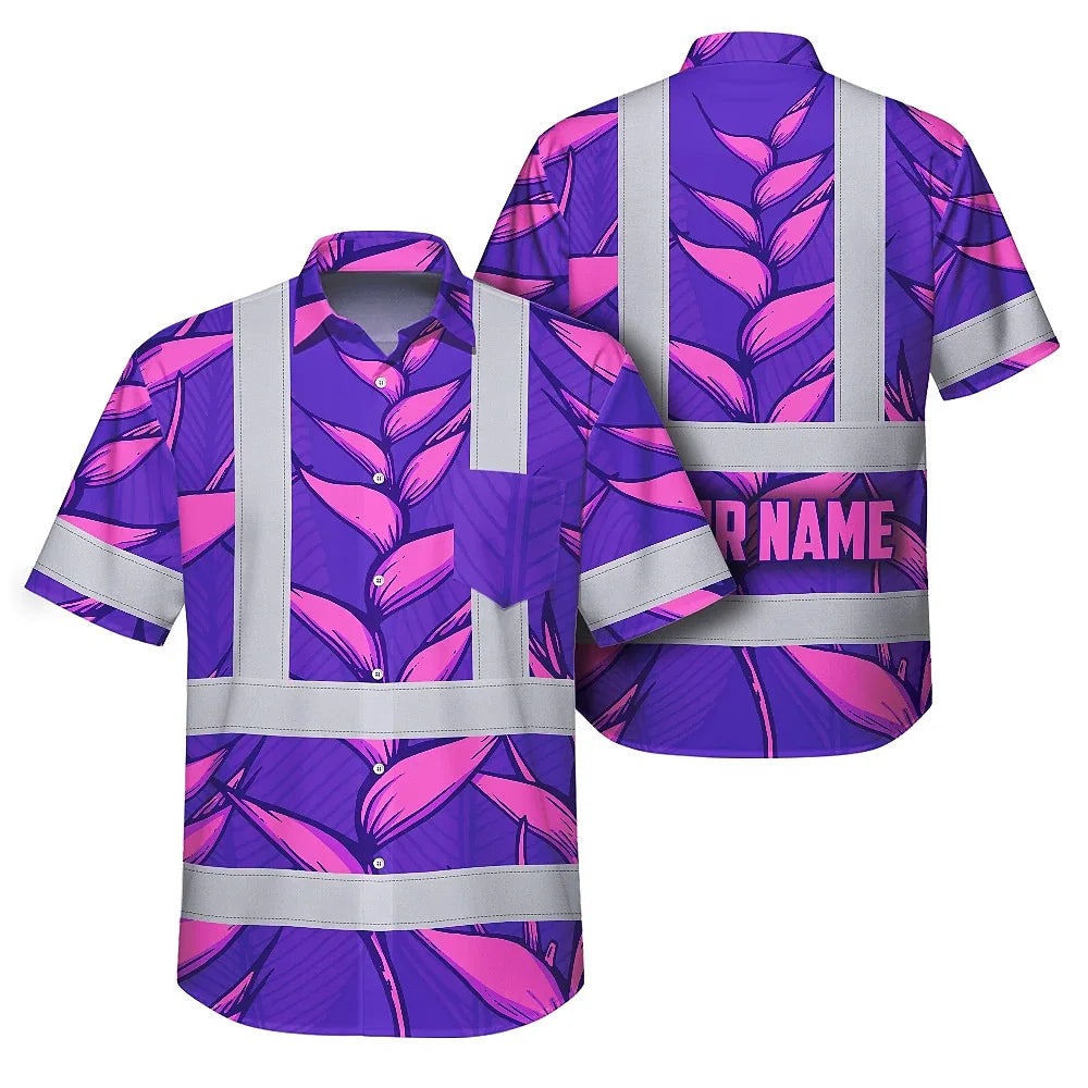 Hi Vis Hawaiian Shirt Reflective Tapes Violet Neon Pink Heliconia Custom Name Safety Workwear For Workers, Truckers, Operators