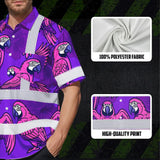 Hi Vis Hawaiian Shirt Reflective Tapes Violet Neon Pink Parrot Custom Name Safety Workwear For Workers, Truckers, Operators