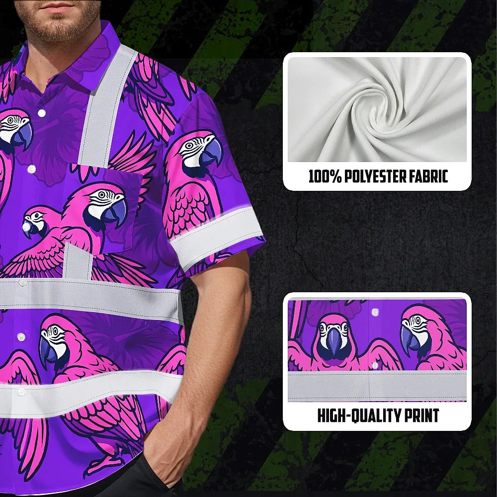 Hi Vis Hawaiian Shirt Reflective Tapes Violet Neon Pink Parrot Custom Name Safety Workwear For Workers, Truckers, Operators