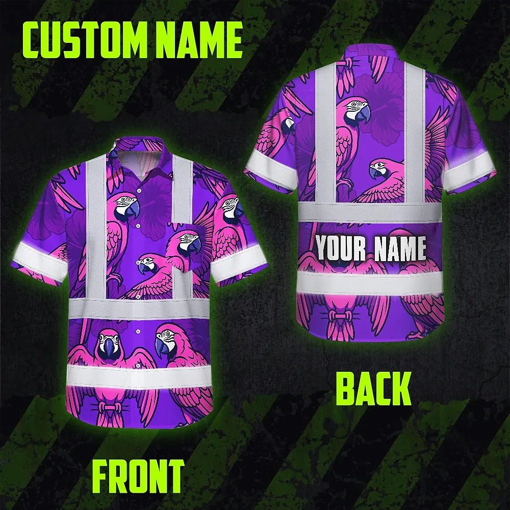 Hi Vis Hawaiian Shirt Reflective Tapes Violet Neon Pink Parrot Custom Name Safety Workwear For Workers, Truckers, Operators