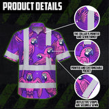 Hi Vis Hawaiian Shirt Reflective Tapes Violet Neon Pink Parrot Custom Name Safety Workwear For Workers, Truckers, Operators