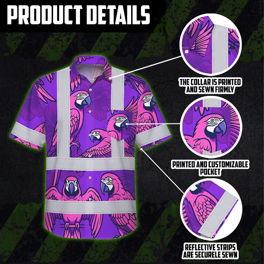 Hi Vis Hawaiian Shirt Reflective Tapes Violet Neon Pink Parrot Custom Name Safety Workwear For Workers, Truckers, Operators