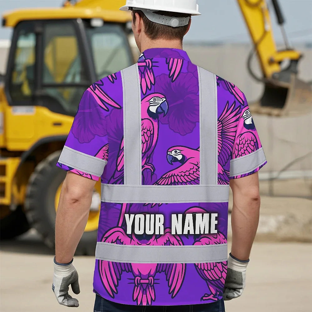 Hi Vis Hawaiian Shirt Reflective Tapes Violet Neon Pink Parrot Custom Name Safety Workwear For Workers, Truckers, Operators