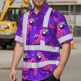 Hi Vis Hawaiian Shirt Reflective Tapes Violet Neon Pink Parrot Custom Name Safety Workwear For Workers, Truckers, Operators