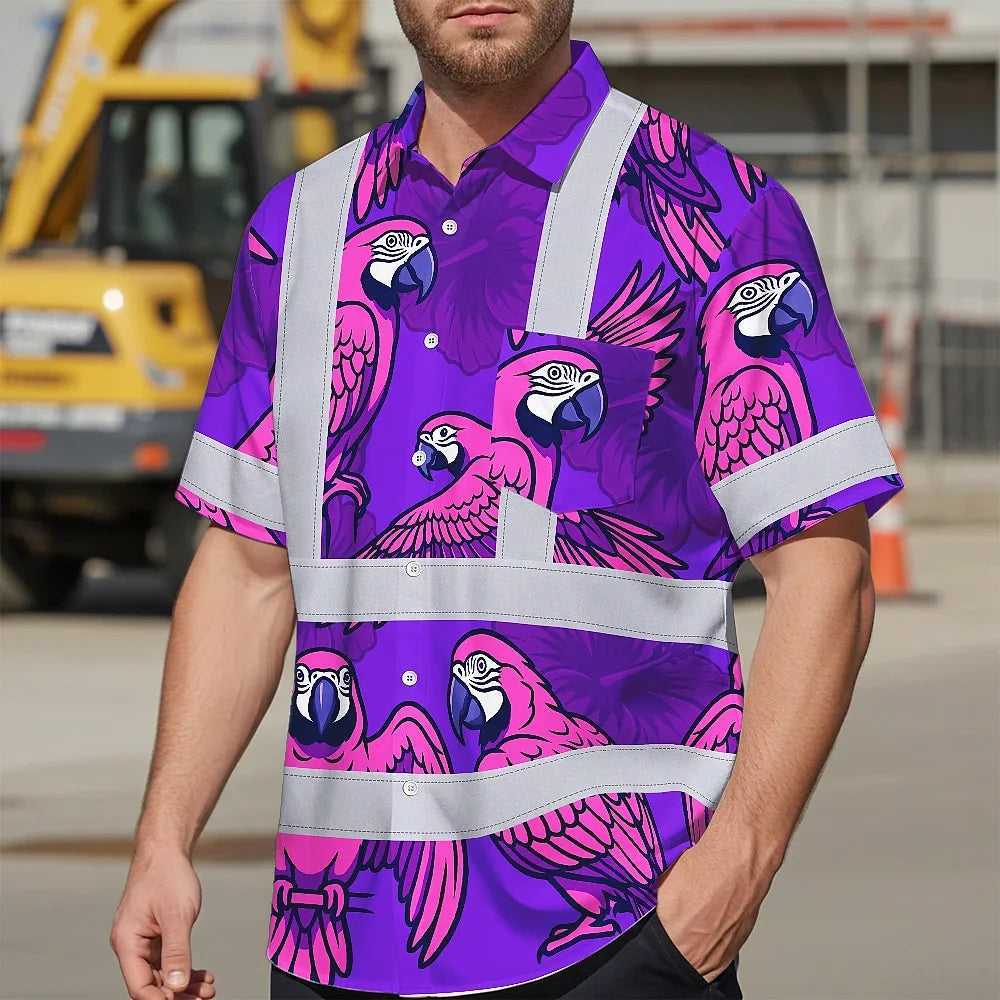 Hi Vis Hawaiian Shirt Reflective Tapes Violet Neon Pink Parrot Custom Name Safety Workwear For Workers, Truckers, Operators