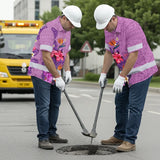 Hi Vis Hawaiian Shirt Reflective Tapes Violet Neon Polynesian And Flowers Custom Name Safety Workwear For Workers, Truckers, Operators