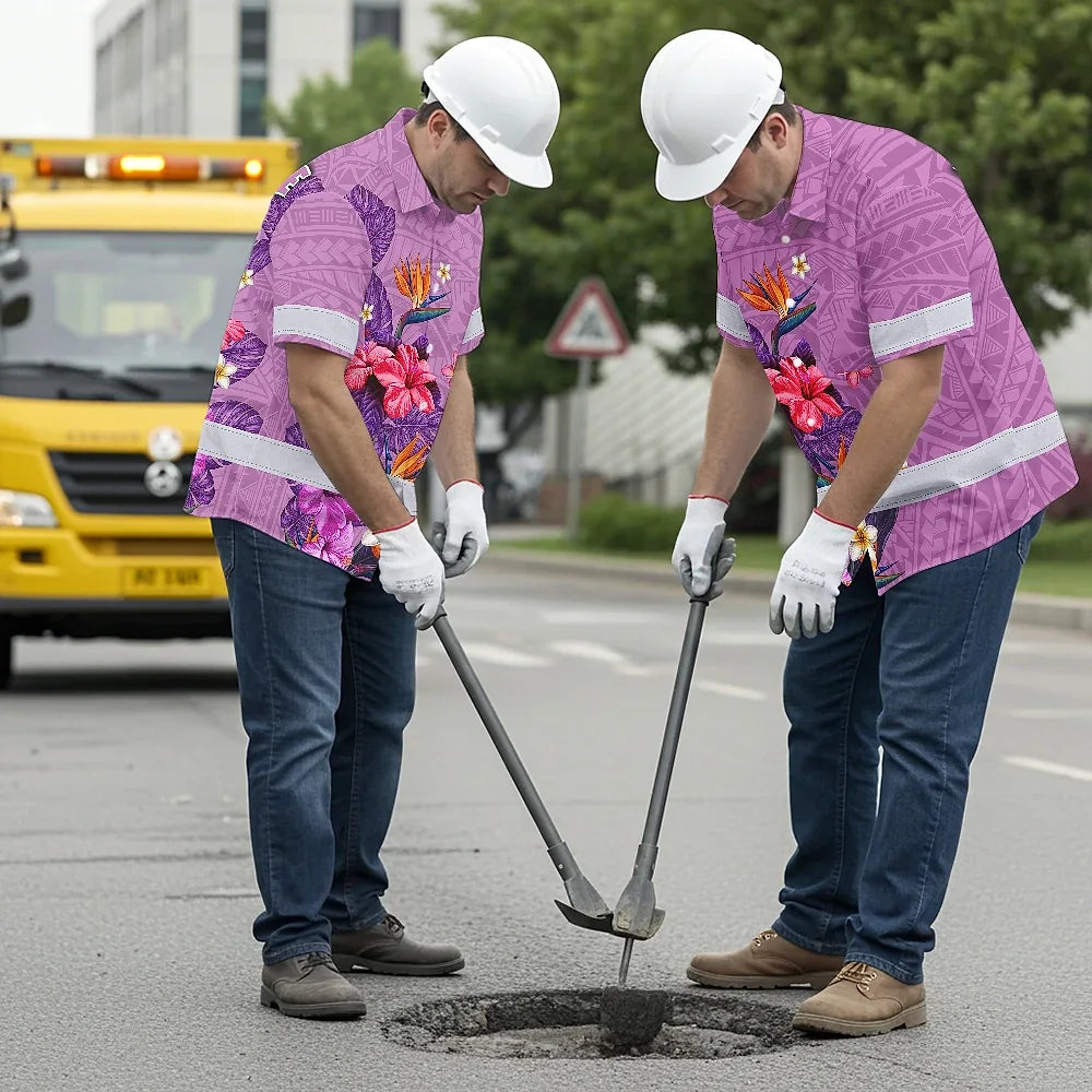 Hi Vis Hawaiian Shirt Reflective Tapes Violet Neon Polynesian And Flowers Custom Name Safety Workwear For Workers, Truckers, Operators