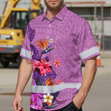 Hi Vis Hawaiian Shirt Reflective Tapes Violet Neon Polynesian And Flowers Custom Name Safety Workwear For Workers, Truckers, Operators