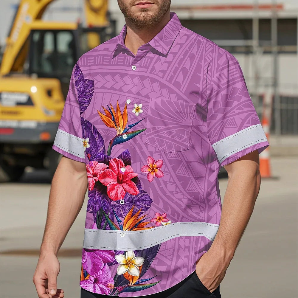 Hi Vis Hawaiian Shirt Reflective Tapes Violet Neon Polynesian And Flowers Custom Name Safety Workwear For Workers, Truckers, Operators