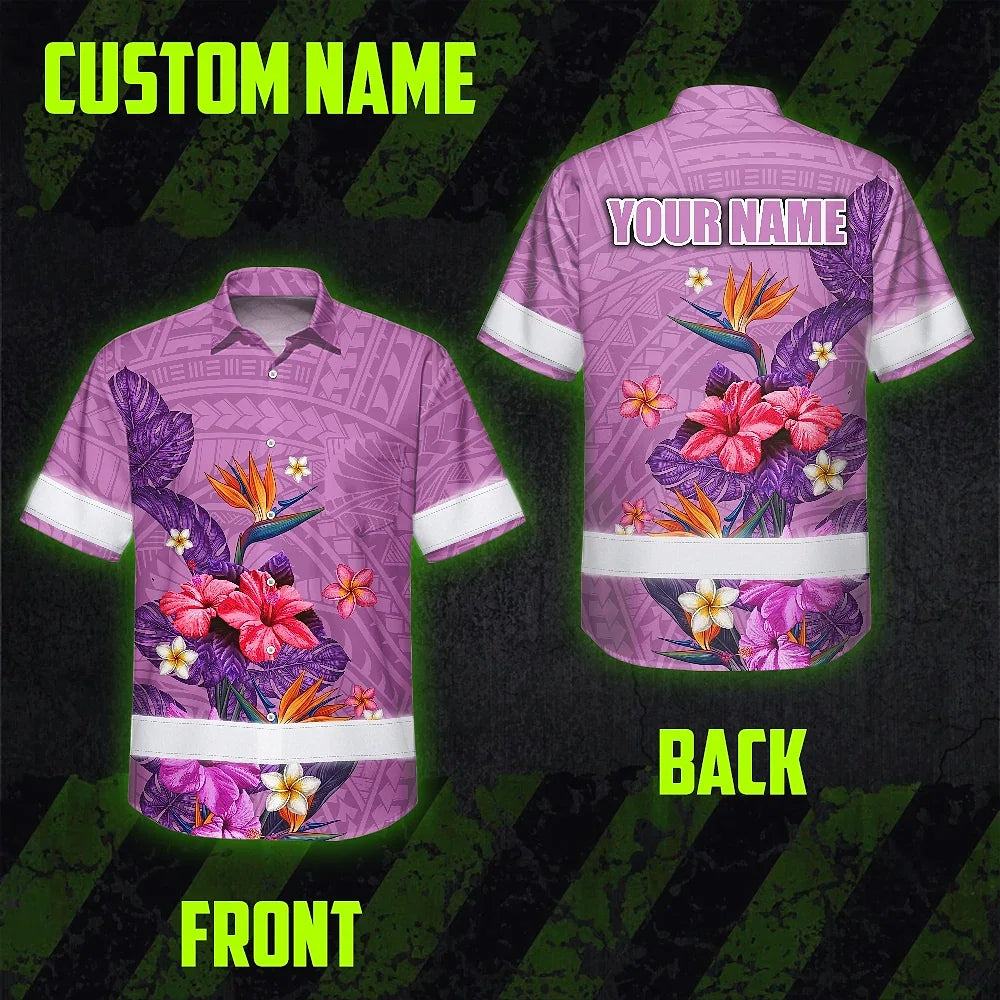 Hi Vis Hawaiian Shirt Reflective Tapes Violet Neon Polynesian And Flowers Custom Name Safety Workwear For Workers, Truckers, Operators