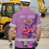 Hi Vis Hawaiian Shirt Reflective Tapes Violet Neon Polynesian And Flowers Custom Name Safety Workwear For Workers, Truckers, Operators