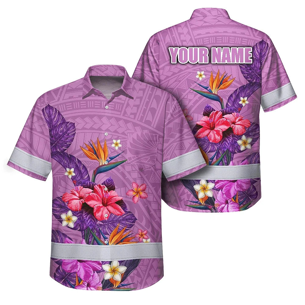 Hi Vis Hawaiian Shirt Reflective Tapes Violet Neon Polynesian And Flowers Custom Name Safety Workwear For Workers, Truckers, Operators