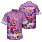 Hi Vis Hawaiian Shirt Reflective Tapes Violet Neon Polynesian And Flowers Custom Name Safety Workwear For Workers, Truckers, Operators