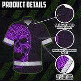 Hi Vis Hawaiian Shirt Reflective Tapes Violet Neon Polynesian Half Skull Custom Name Safety Workwear For Workers, Truckers, Operators