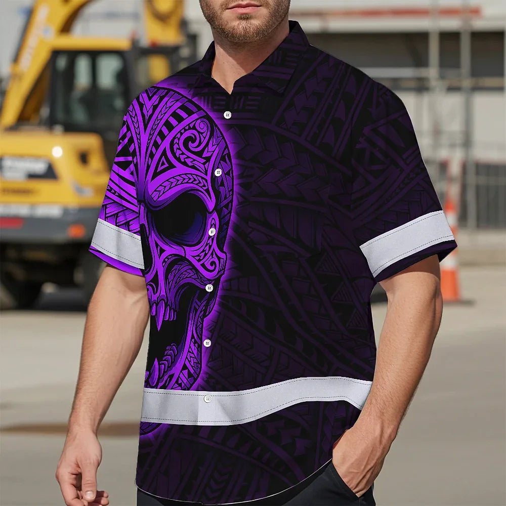 Hi Vis Hawaiian Shirt Reflective Tapes Violet Neon Polynesian Half Skull Custom Name Safety Workwear For Workers, Truckers, Operators