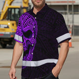 Hi Vis Hawaiian Shirt Reflective Tapes Violet Neon Polynesian Half Skull Custom Name Safety Workwear For Workers, Truckers, Operators