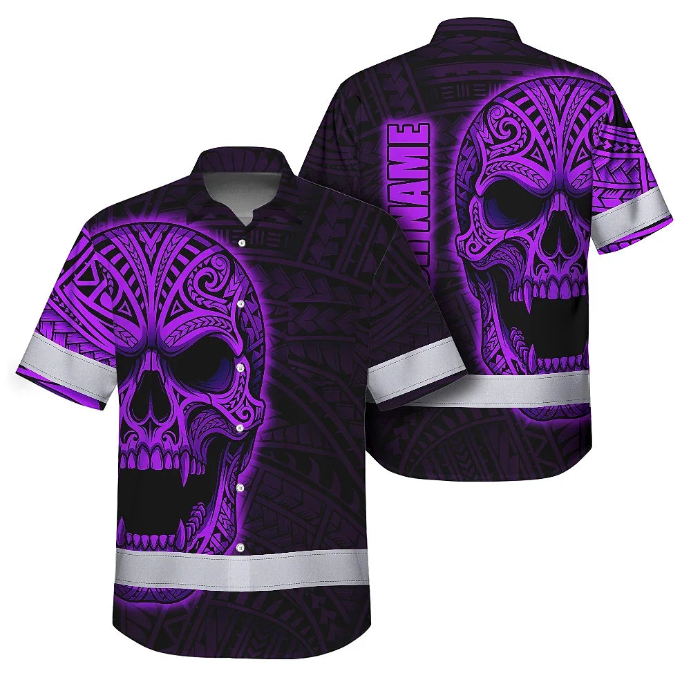 Hi Vis Hawaiian Shirt Reflective Tapes Violet Neon Polynesian Half Skull Custom Name Safety Workwear For Workers, Truckers, Operators