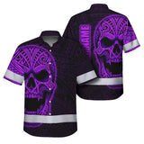 Hi Vis Hawaiian Shirt Reflective Tapes Violet Neon Polynesian Half Skull Custom Name Safety Workwear For Workers, Truckers, Operators