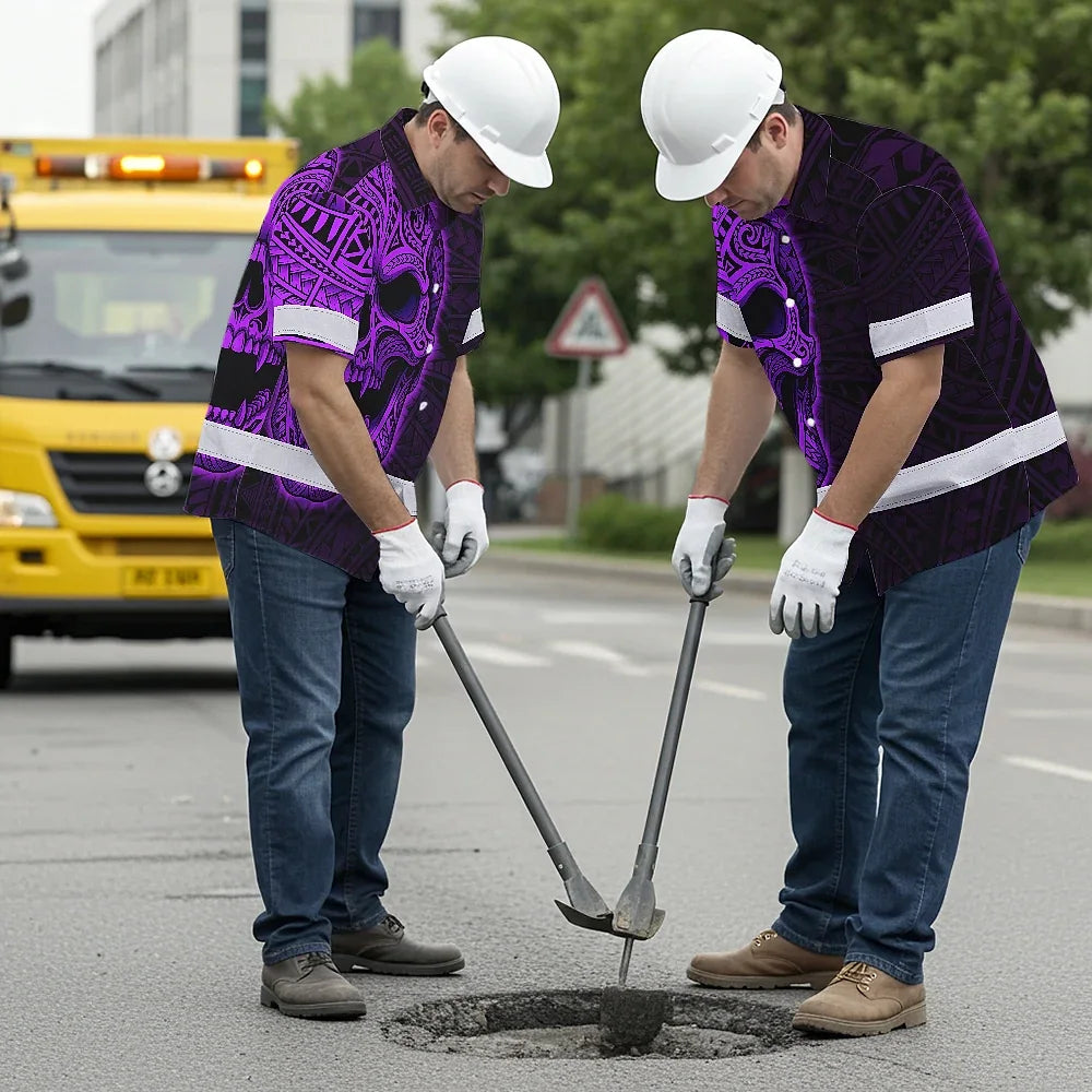 Hi Vis Hawaiian Shirt Reflective Tapes Violet Neon Polynesian Half Skull Custom Name Safety Workwear For Workers, Truckers, Operators