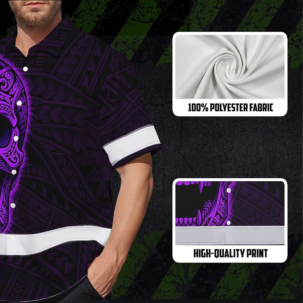 Hi Vis Hawaiian Shirt Reflective Tapes Violet Neon Polynesian Half Skull Custom Name Safety Workwear For Workers, Truckers, Operators