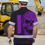 Hi Vis Hawaiian Shirt Reflective Tapes Violet Neon Polynesian Half Skull Custom Name Safety Workwear For Workers, Truckers, Operators