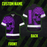 Hi Vis Hawaiian Shirt Reflective Tapes Violet Neon Polynesian Half Skull Custom Name Safety Workwear For Workers, Truckers, Operators