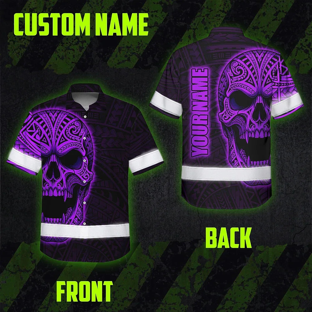 Hi Vis Hawaiian Shirt Reflective Tapes Violet Neon Polynesian Half Skull Custom Name Safety Workwear For Workers, Truckers, Operators