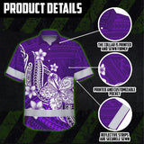 Hi Vis Hawaiian Shirt Reflective Tapes Violet Neon Polynesian Tribal Flowers Custom Name Safety Workwear For Workers, Truckers, Operators