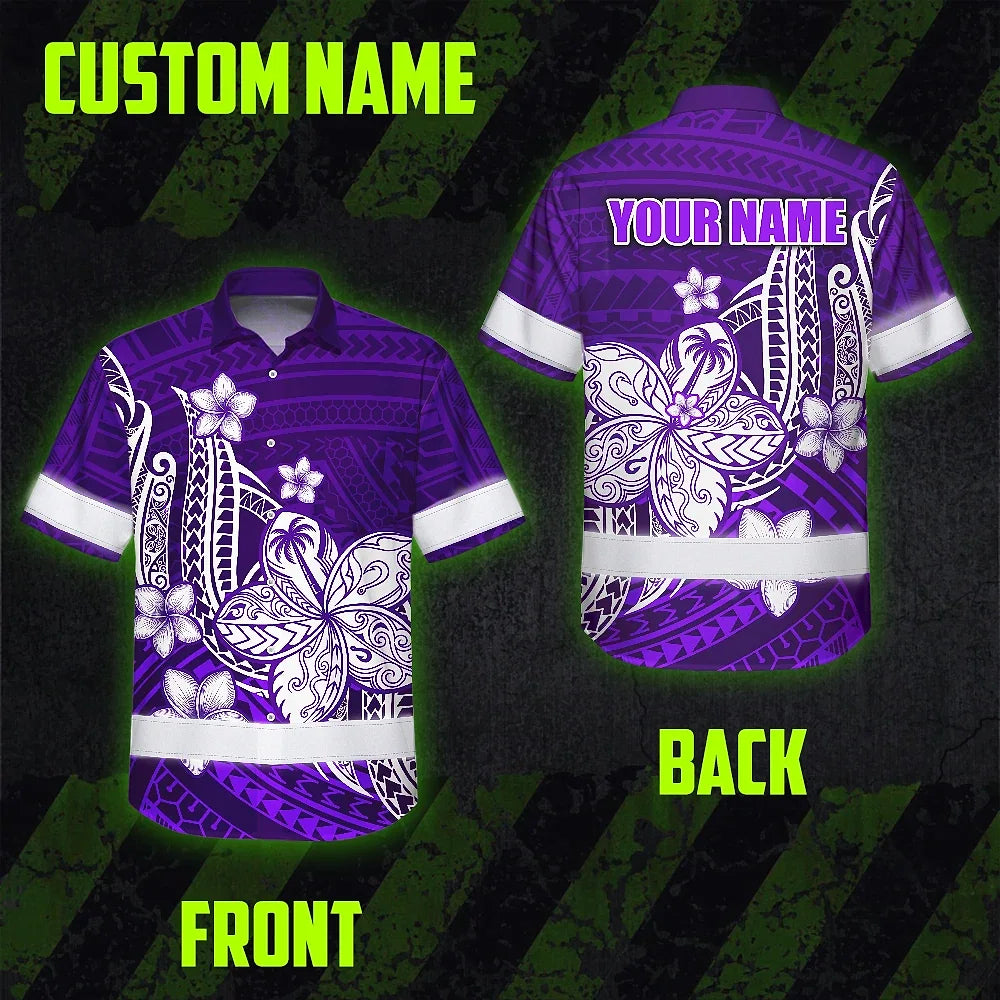 Hi Vis Hawaiian Shirt Reflective Tapes Violet Neon Polynesian Tribal Flowers Custom Name Safety Workwear For Workers, Truckers, Operators