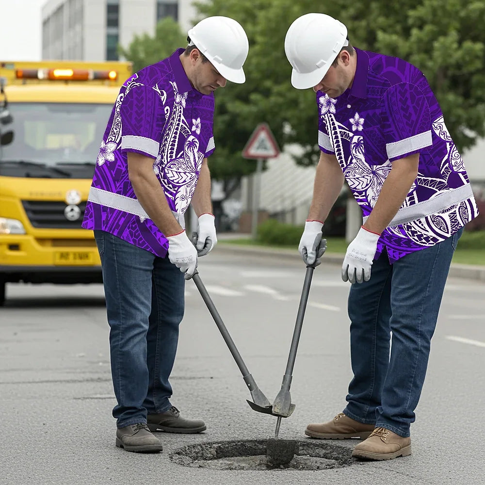 Hi Vis Hawaiian Shirt Reflective Tapes Violet Neon Polynesian Tribal Flowers Custom Name Safety Workwear For Workers, Truckers, Operators