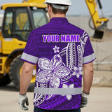 Hi Vis Hawaiian Shirt Reflective Tapes Violet Neon Polynesian Tribal Flowers Custom Name Safety Workwear For Workers, Truckers, Operators