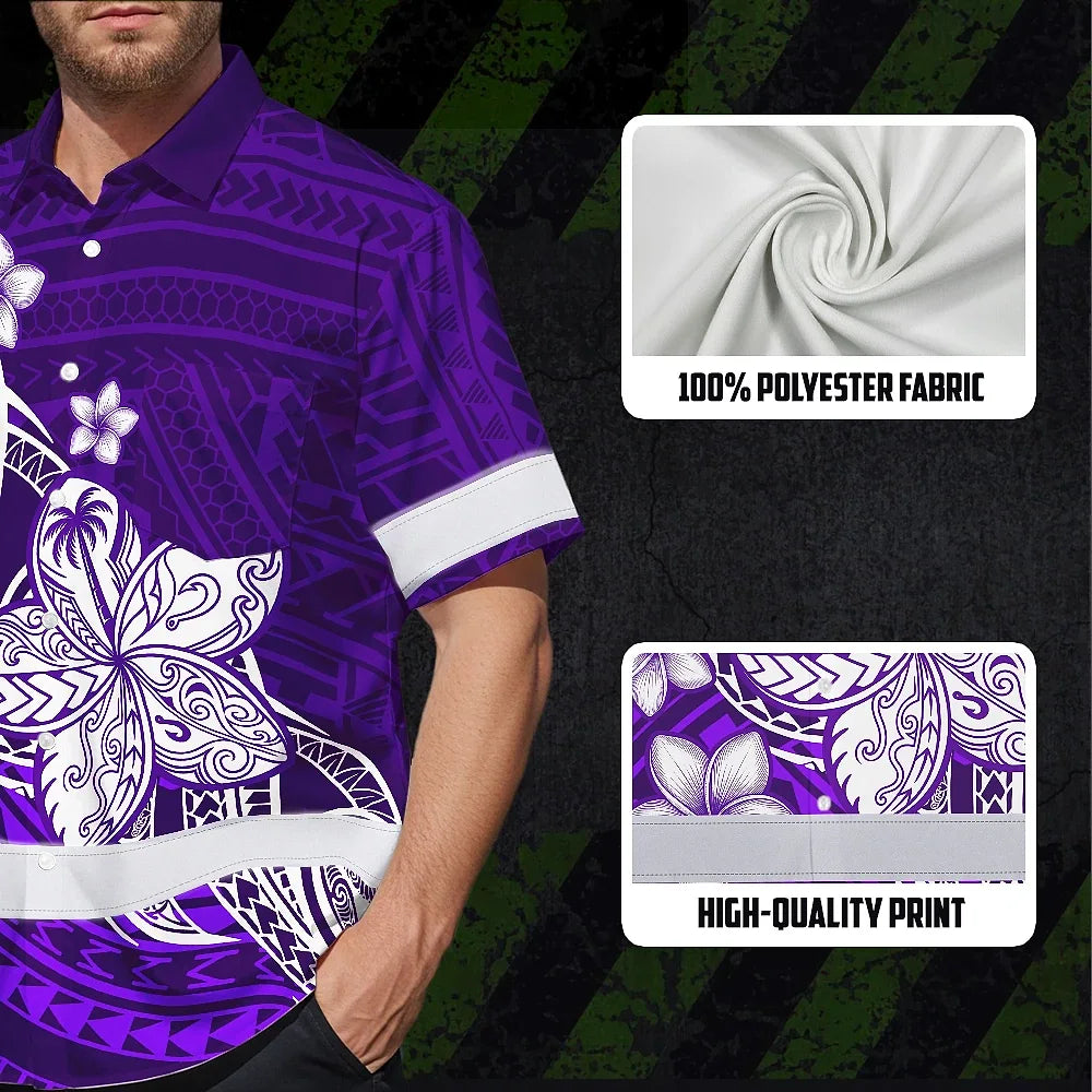 Hi Vis Hawaiian Shirt Reflective Tapes Violet Neon Polynesian Tribal Flowers Custom Name Safety Workwear For Workers, Truckers, Operators