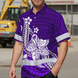 Hi Vis Hawaiian Shirt Reflective Tapes Violet Neon Polynesian Tribal Flowers Custom Name Safety Workwear For Workers, Truckers, Operators