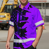 Hi Vis Hawaiian Shirt Reflective Tapes Violet Neon Skull US Flag Scratch Custom Name Safety Workwear For Truckers, Workers, Operator, Cyclists