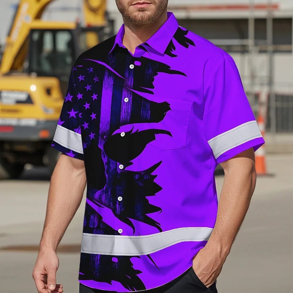 Hi Vis Hawaiian Shirt Reflective Tapes Violet Neon Skull US Flag Scratch Custom Name Safety Workwear For Truckers, Workers, Operator, Cyclists