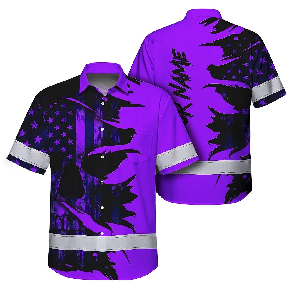 Hi Vis Hawaiian Shirt Reflective Tapes Violet Neon Skull US Flag Scratch Custom Name Safety Workwear For Truckers, Workers, Operator, Cyclists