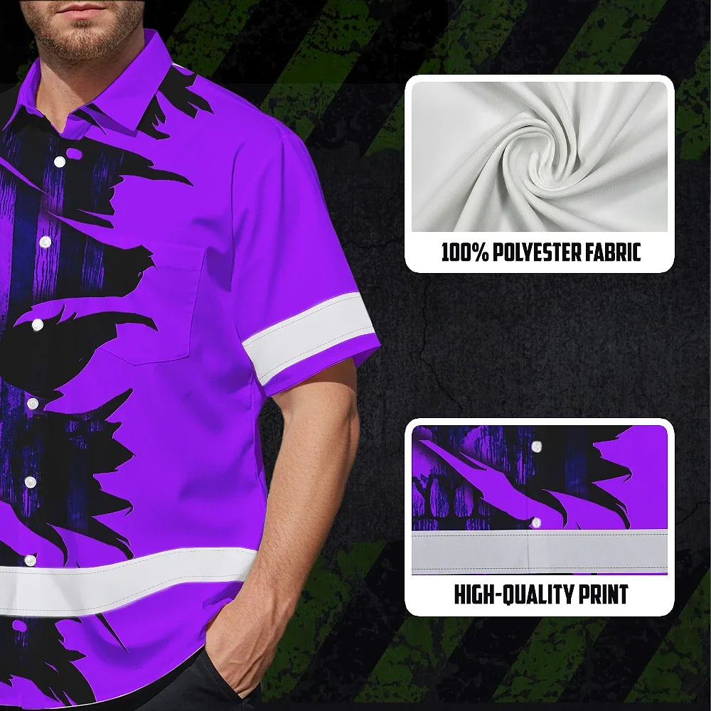 Hi Vis Hawaiian Shirt Reflective Tapes Violet Neon Skull US Flag Scratch Custom Name Safety Workwear For Truckers, Workers, Operator, Cyclists
