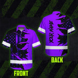 Hi Vis Hawaiian Shirt Reflective Tapes Violet Neon Skull US Flag Scratch Custom Name Safety Workwear For Truckers, Workers, Operator, Cyclists