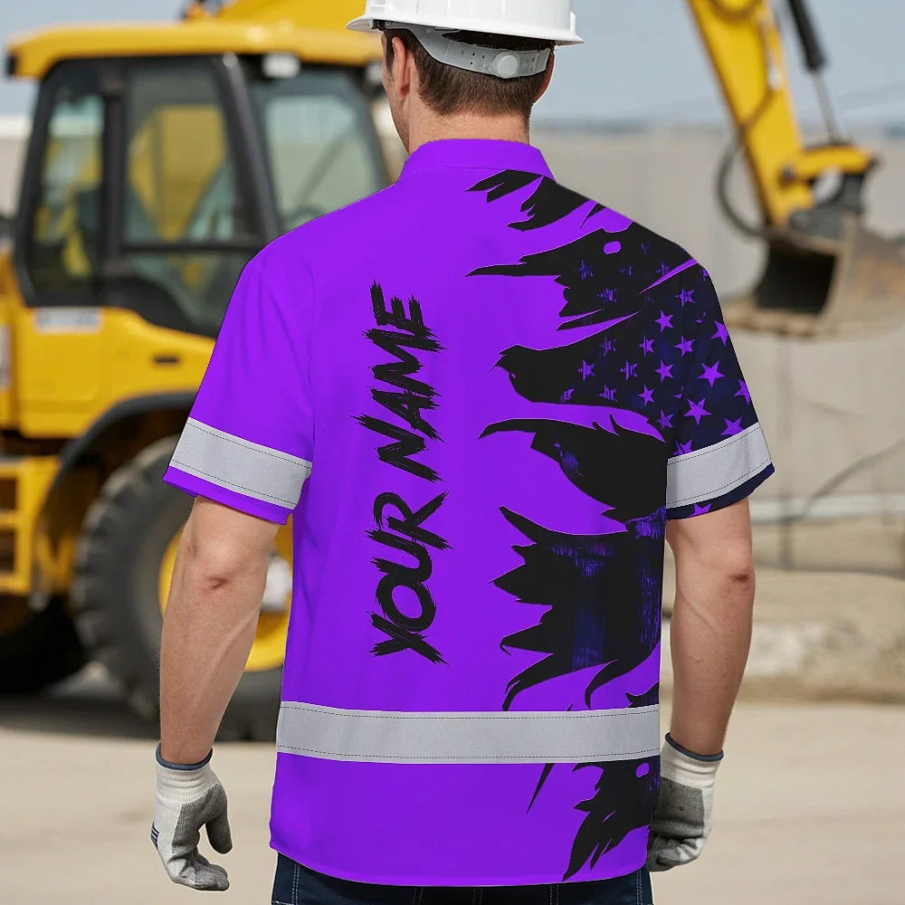 Hi Vis Hawaiian Shirt Reflective Tapes Violet Neon Skull US Flag Scratch Custom Name Safety Workwear For Truckers, Workers, Operator, Cyclists